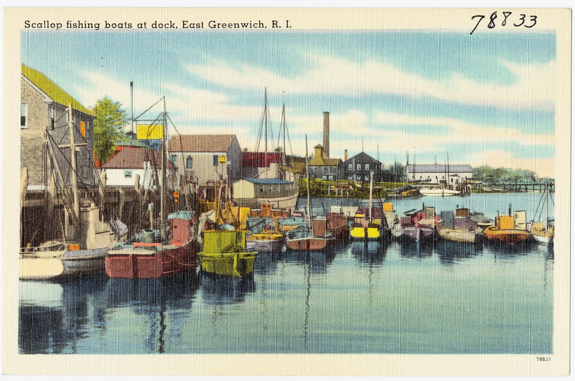 Vintage postcard of scallop fishing boats at dock, East Greenwich, Rhode Island